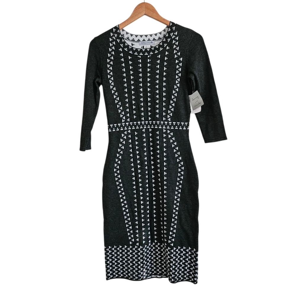 Danny & Nicole Charcoal Gray White Geo Print Bodycon Sweater Dress Size S NWT
